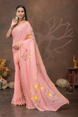 Pink Bloom Handpainted Cotton Saree