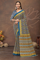 Teal Floral Printed Cotton Saree