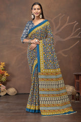 Teal Floral Printed Cotton Saree