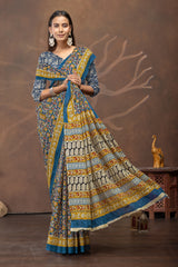 Teal Floral Printed Cotton Saree