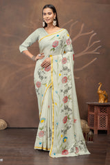 Pista Gajra Handpainted & Block Print Saree