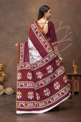 Maroon Madhavi Handblock Cotton Saree