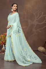 Mint Blossom Handpainted Cotton Saree