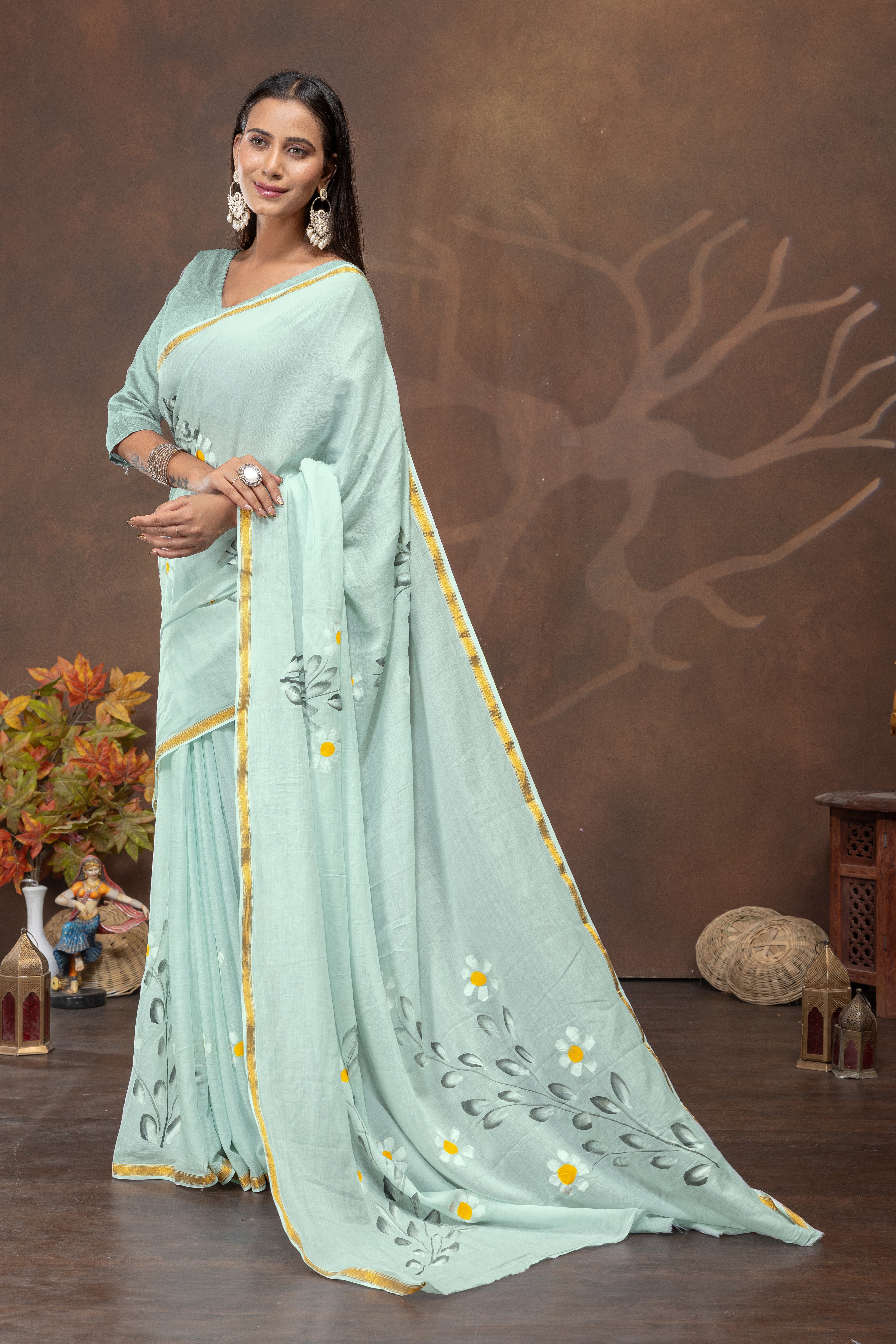 Mint Blossom Handpainted Cotton Saree