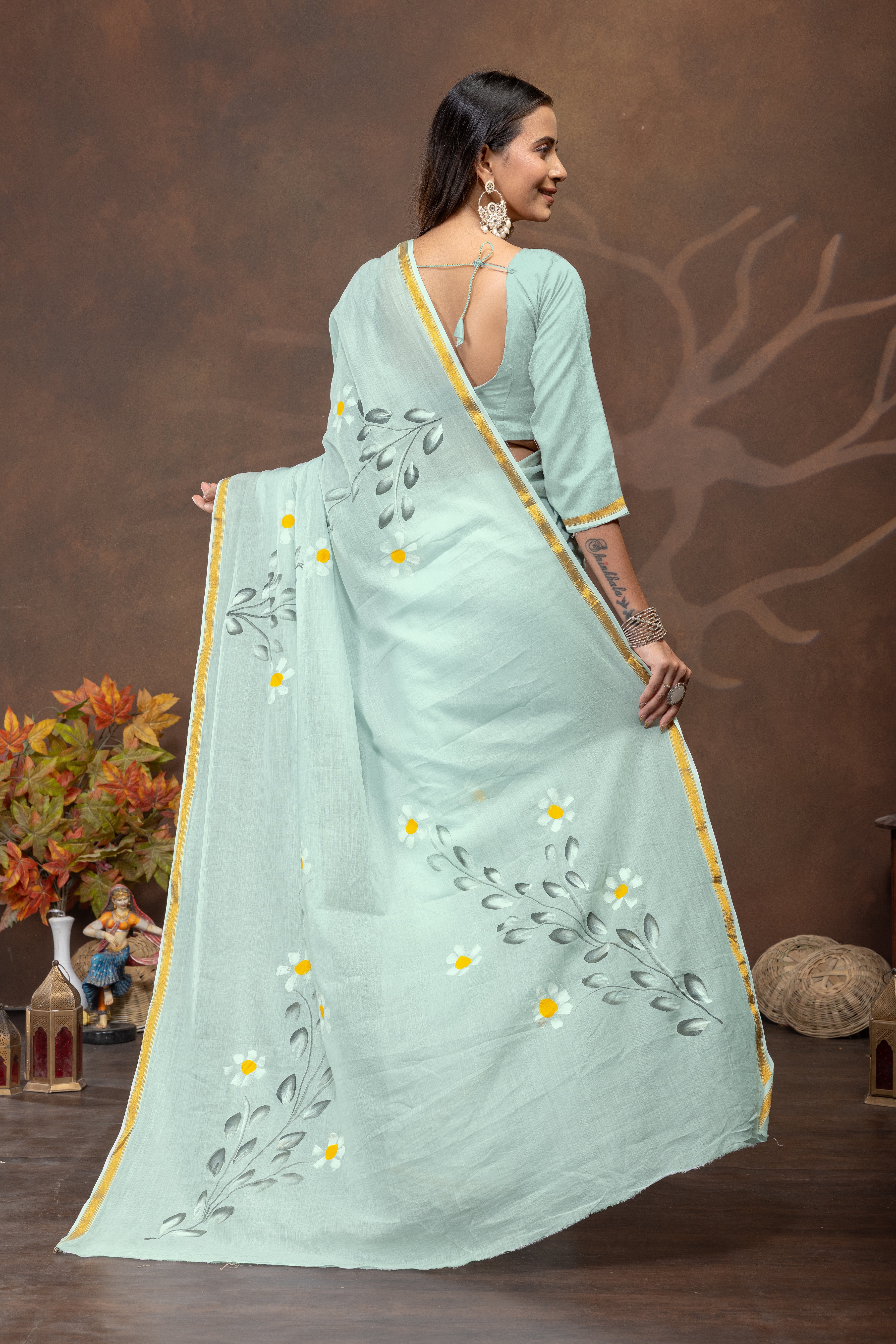 Mint Blossom Handpainted Cotton Saree