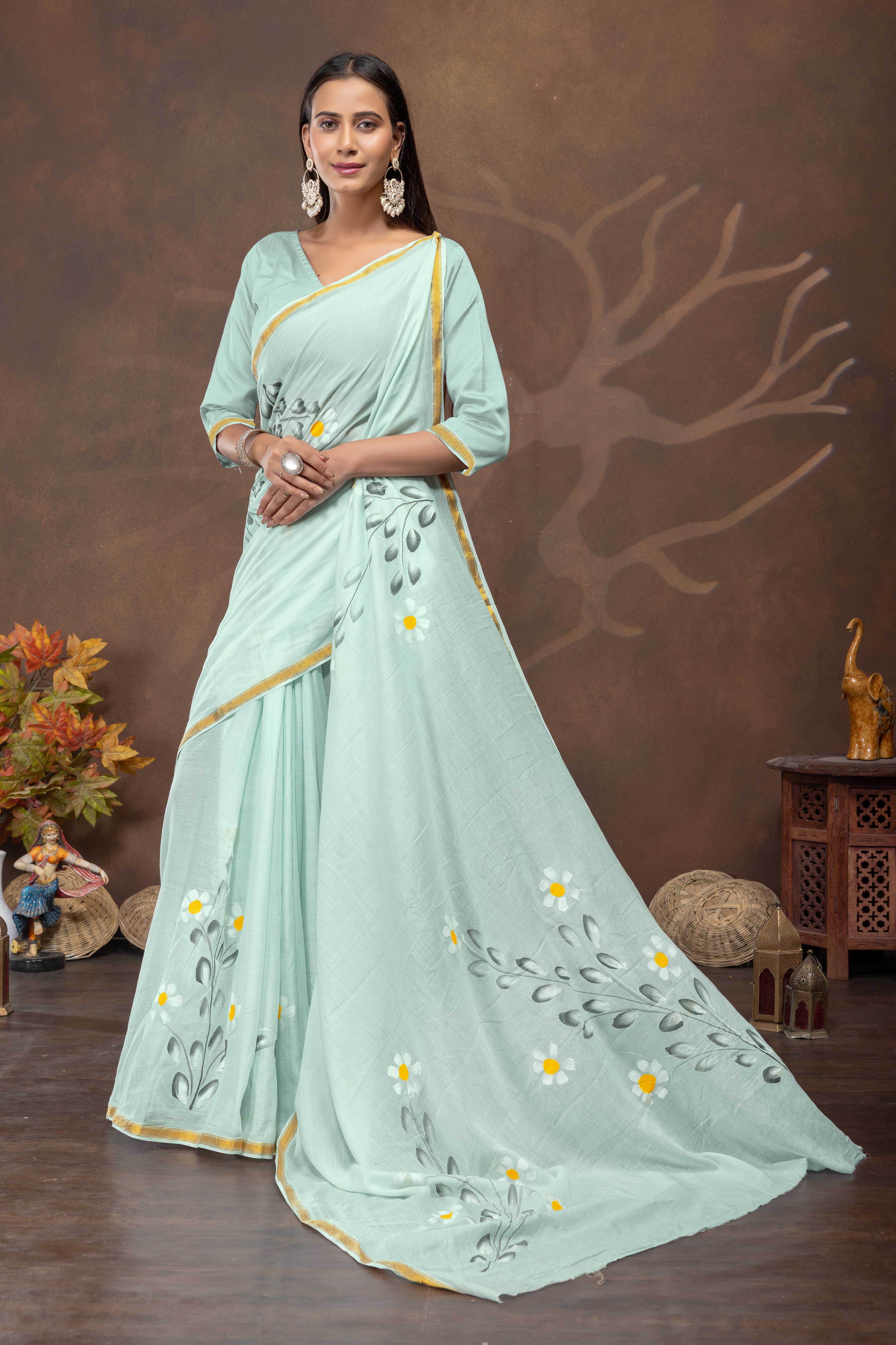 Mint Blossom Handpainted Cotton Saree