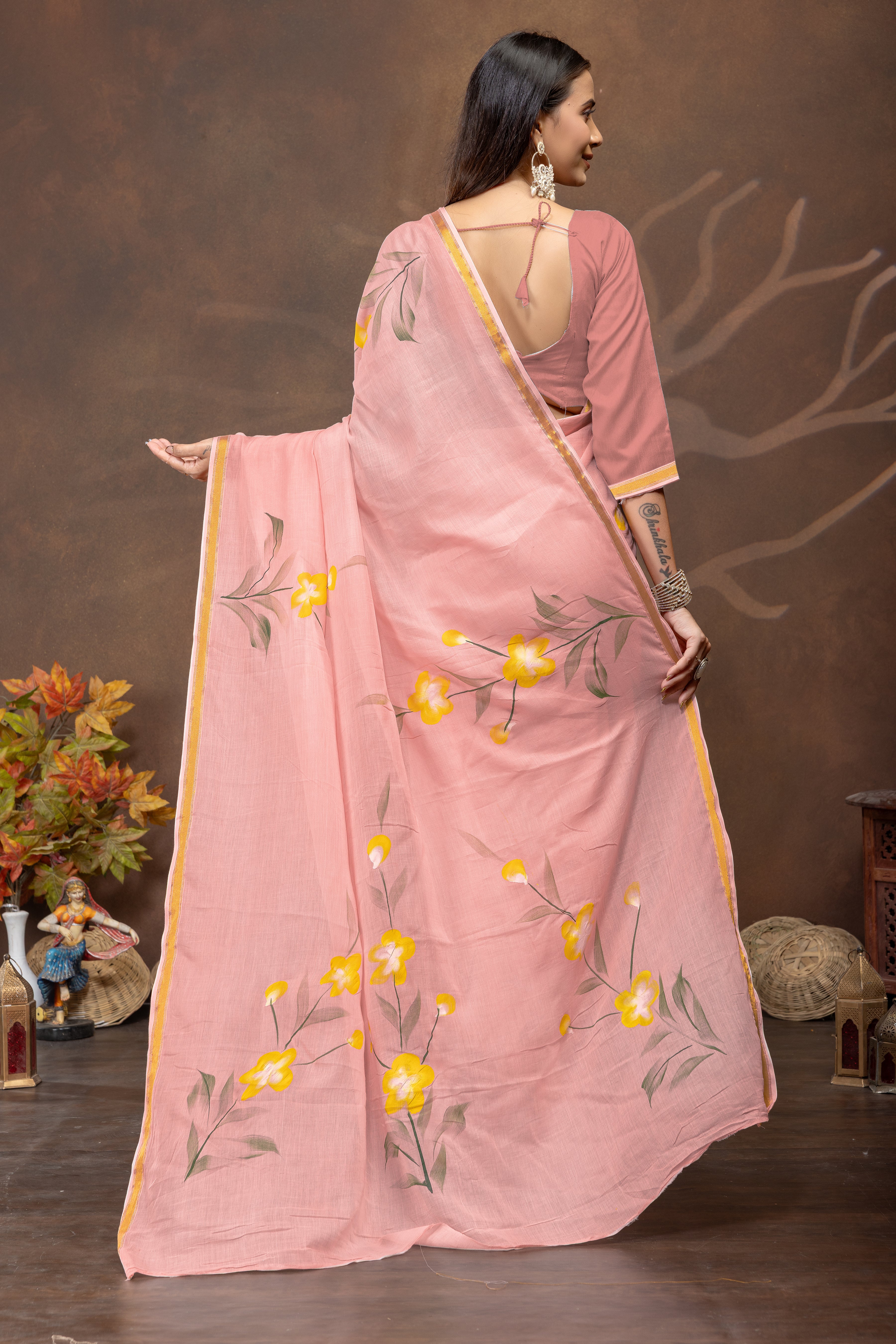 Pink Bloom Handpainted Cotton Saree
