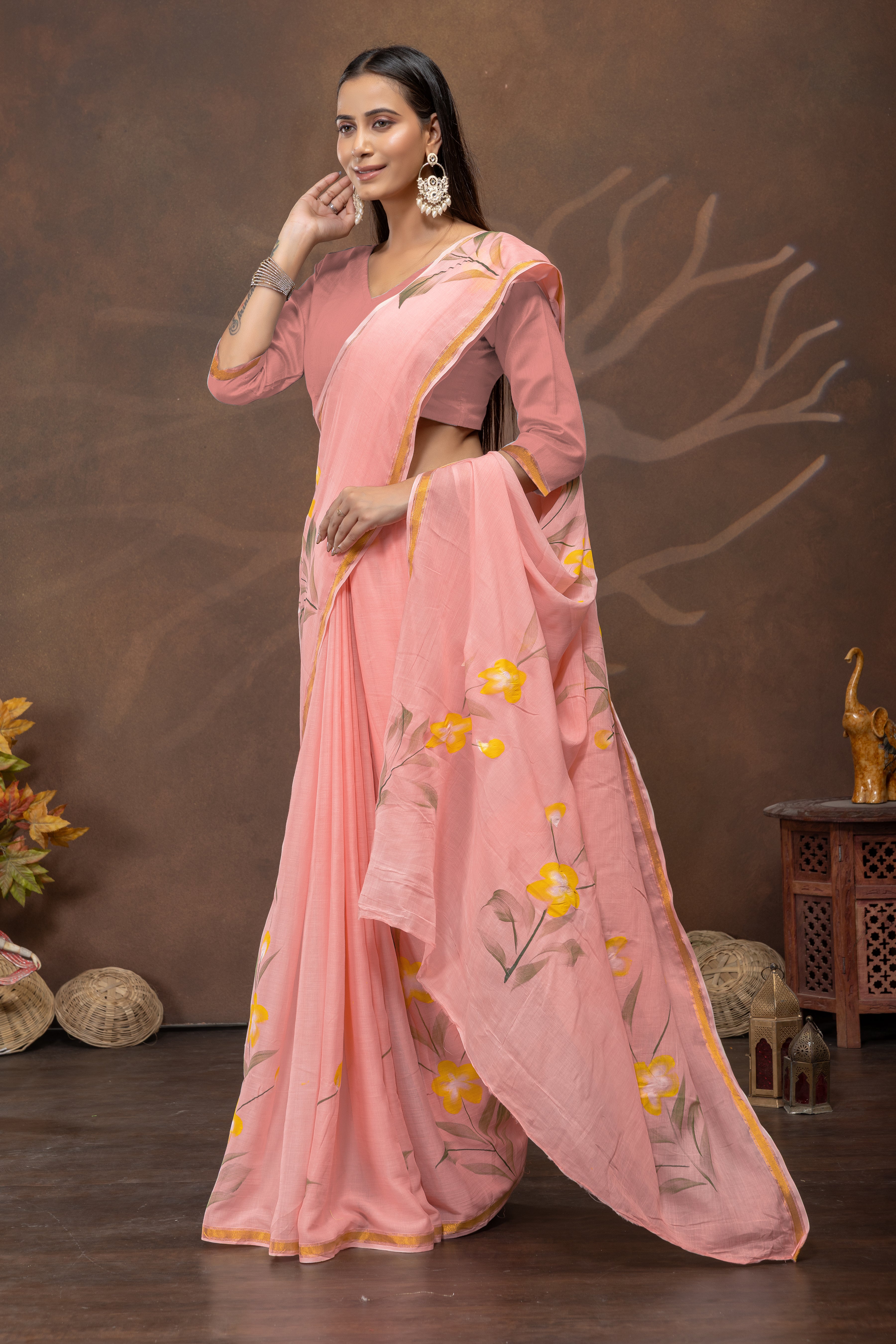 Pink Bloom Handpainted Cotton Saree
