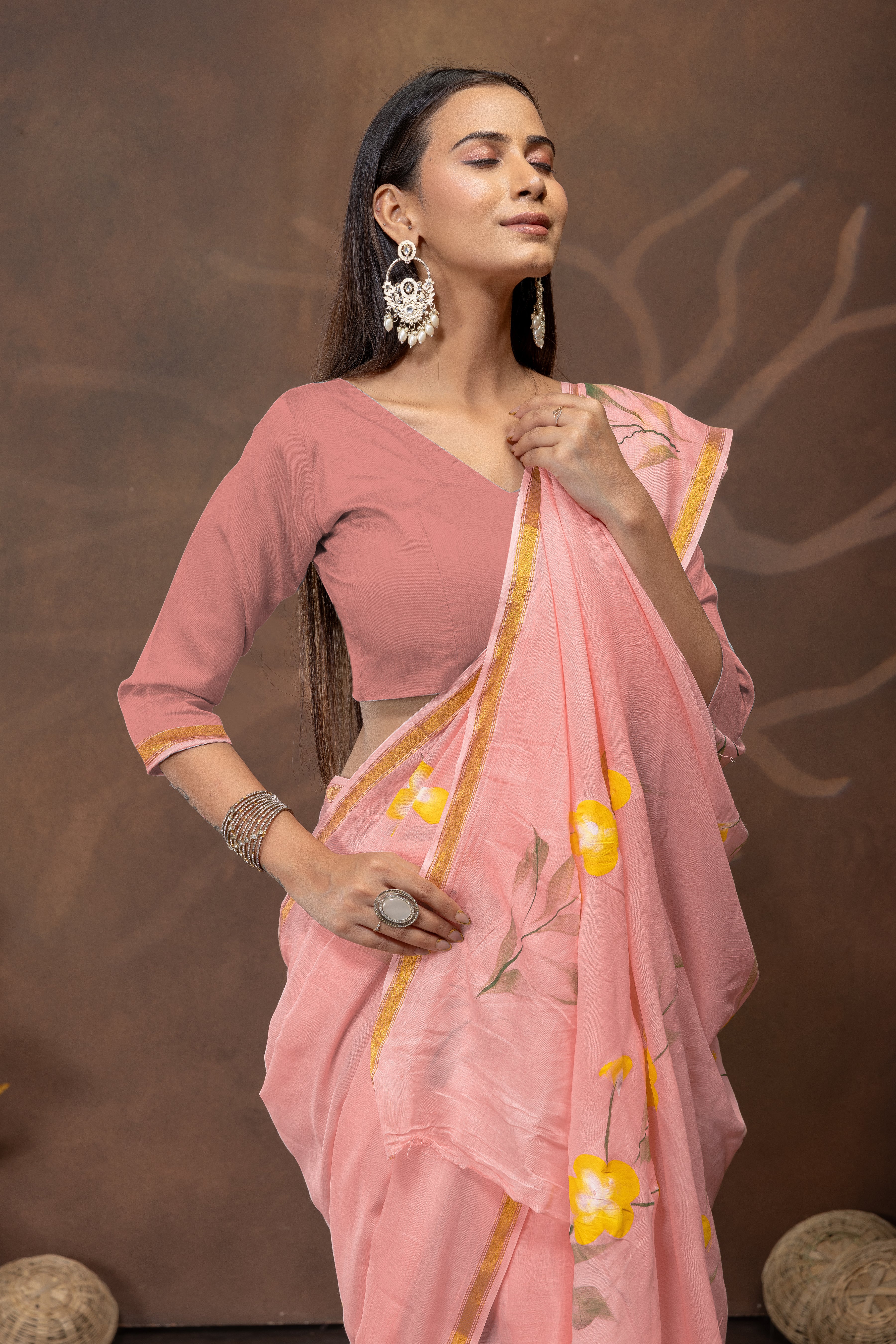 Pink Bloom Handpainted Cotton Saree