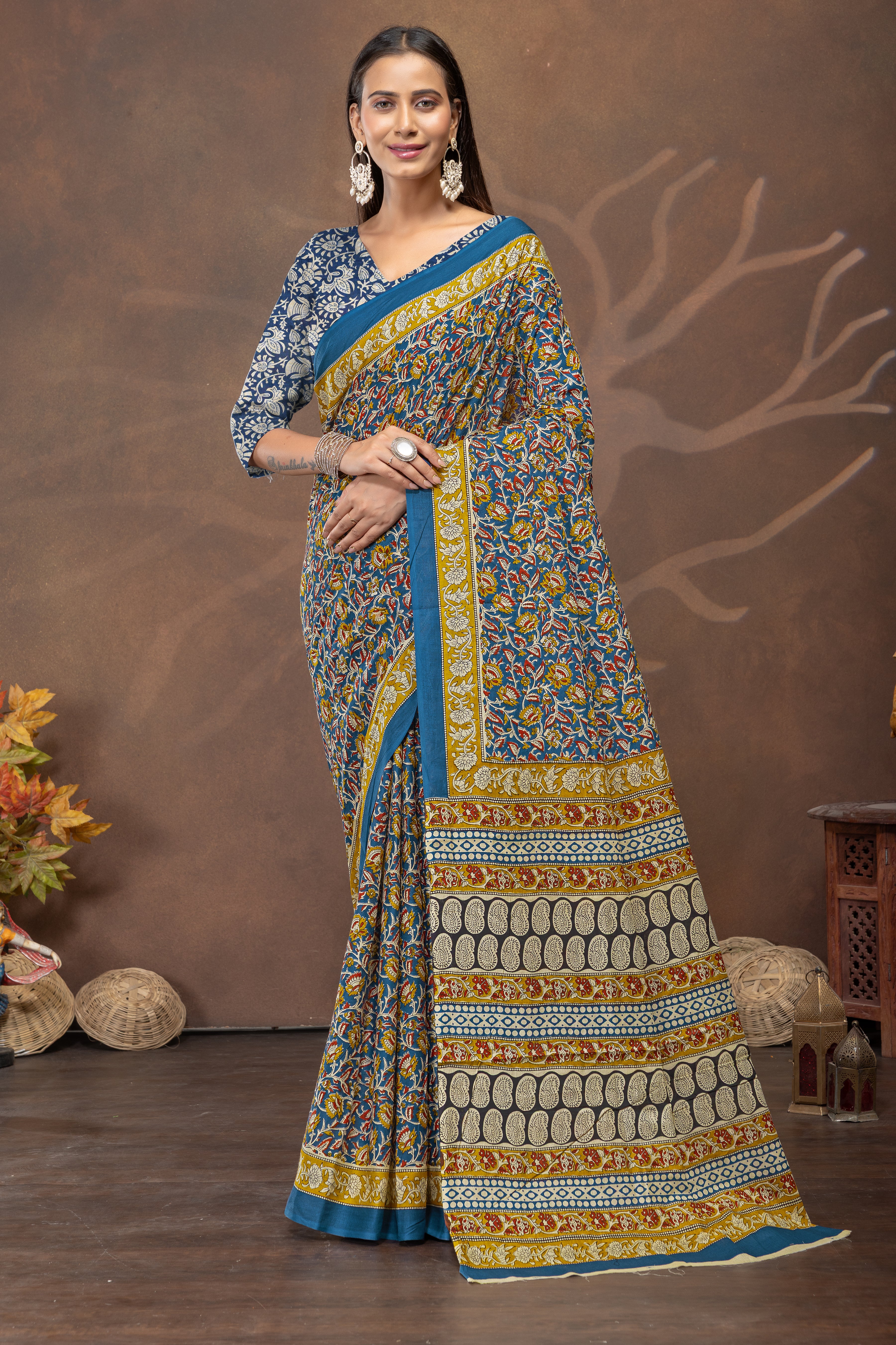 Teal Floral Printed  Cotton Saree