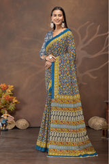 Teal Floral Printed  Cotton Saree