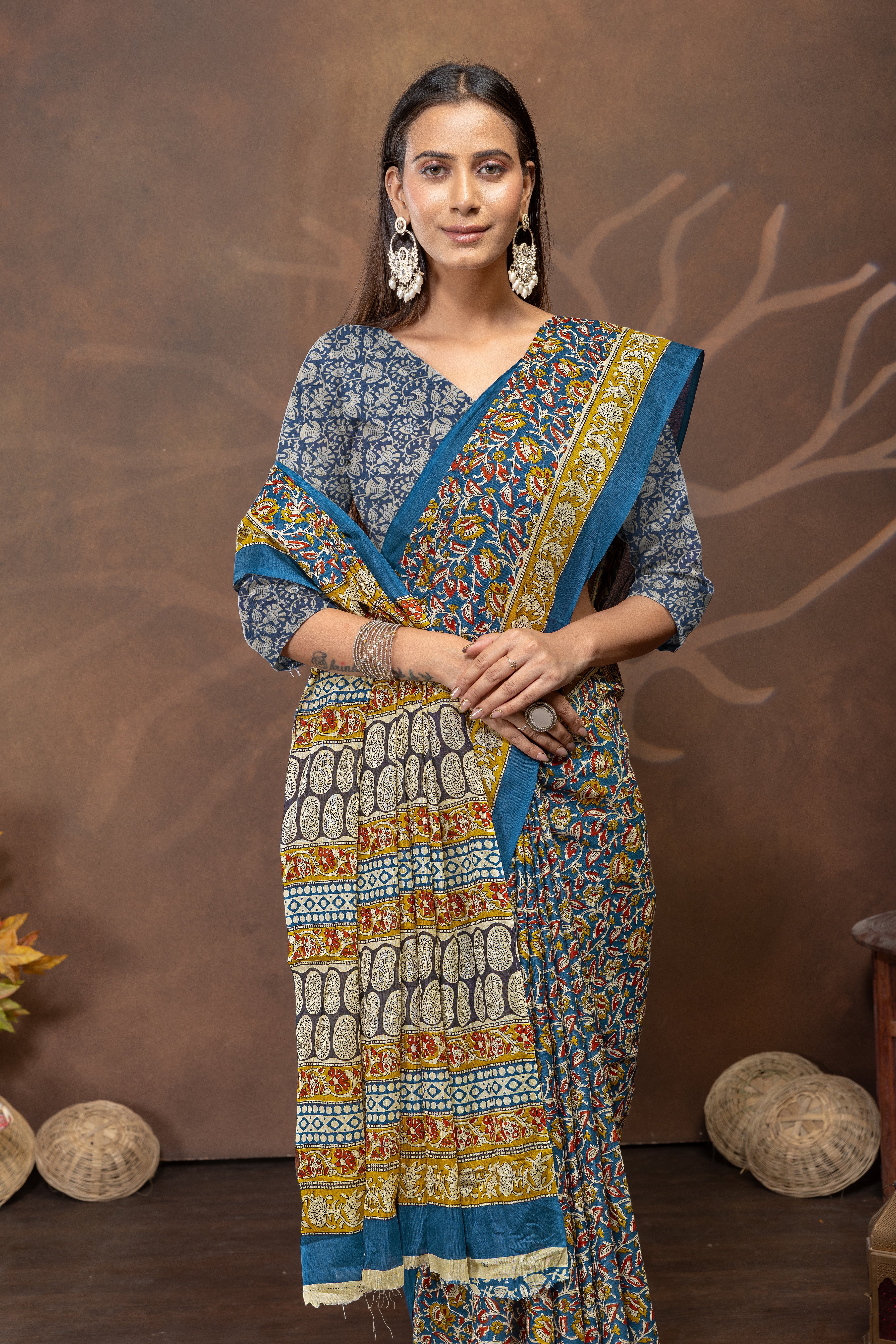 Teal Floral Printed  Cotton Saree