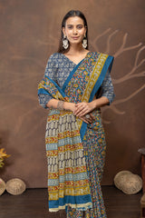 Teal Floral Printed  Cotton Saree
