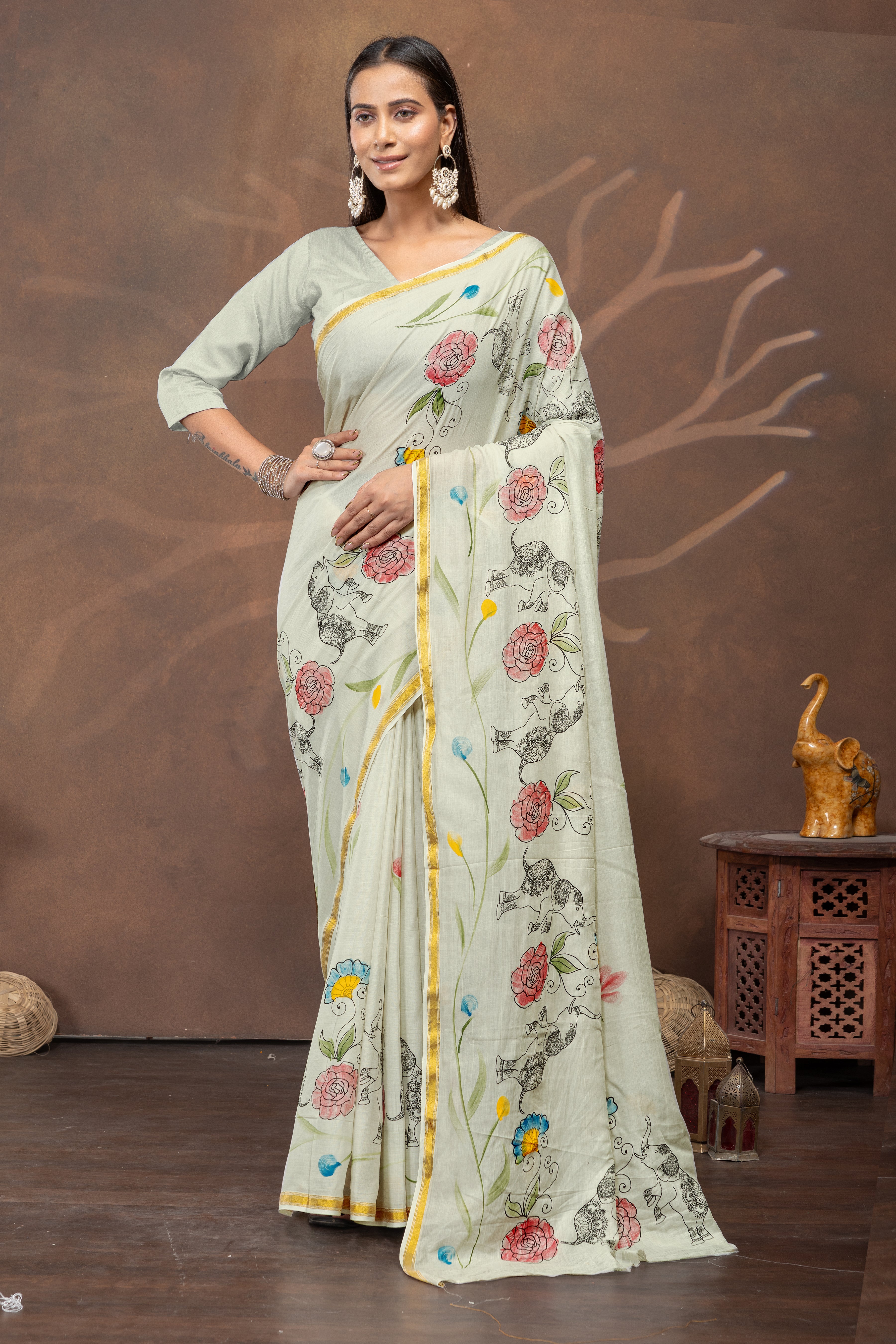 Pista Gajra Handpainted & Block Print Saree