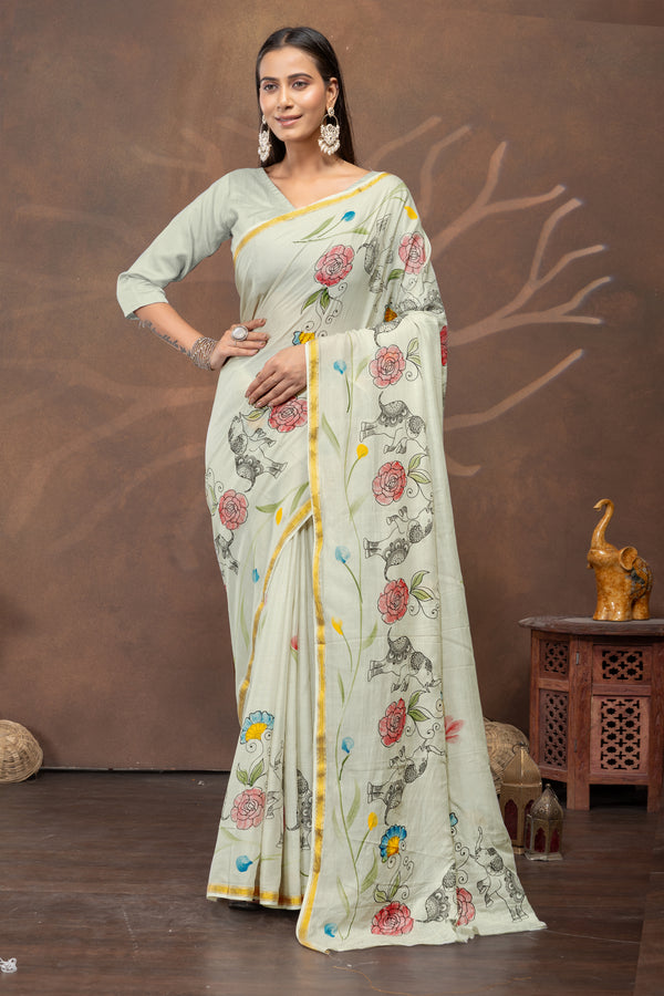 Pista Gajra Handpainted & Block Print Saree