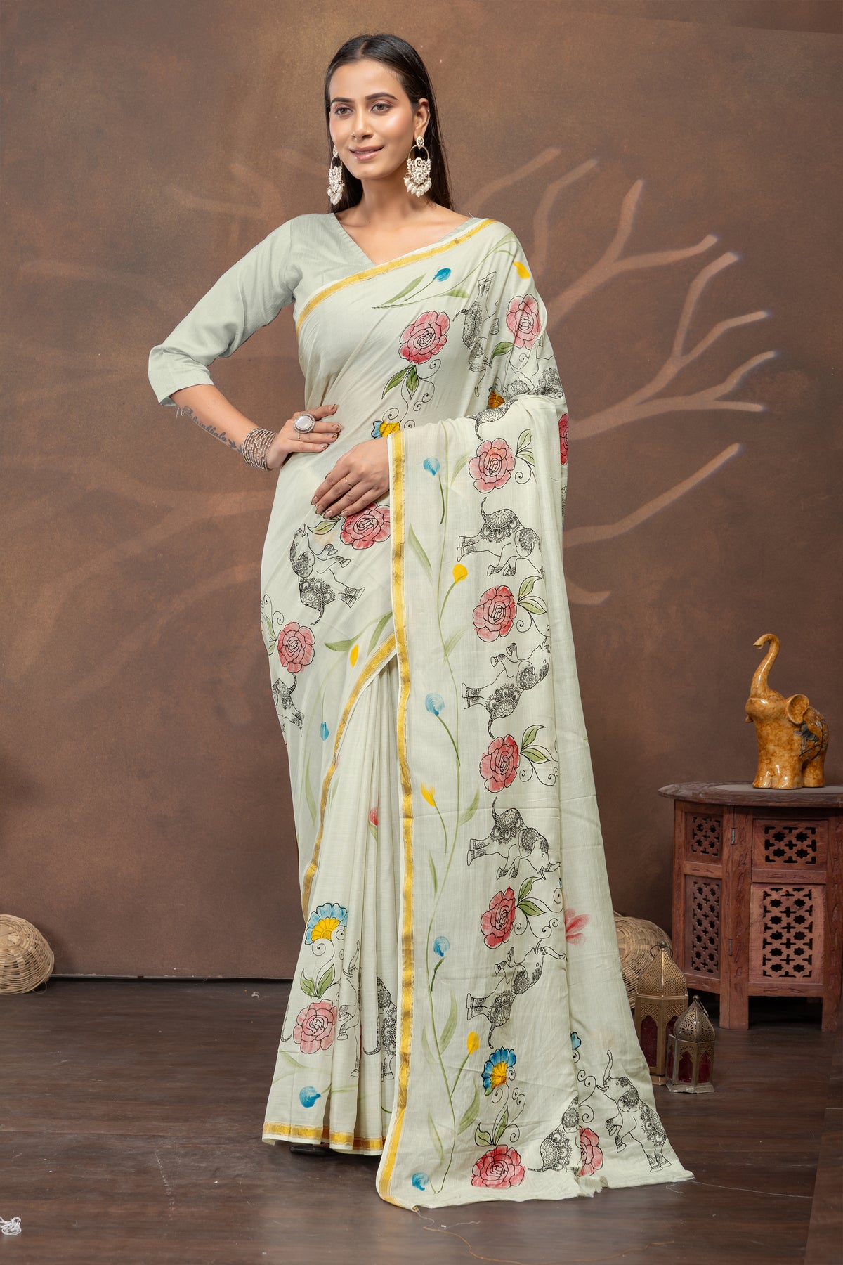 Pista Gajra Handpainted & Block Print Saree