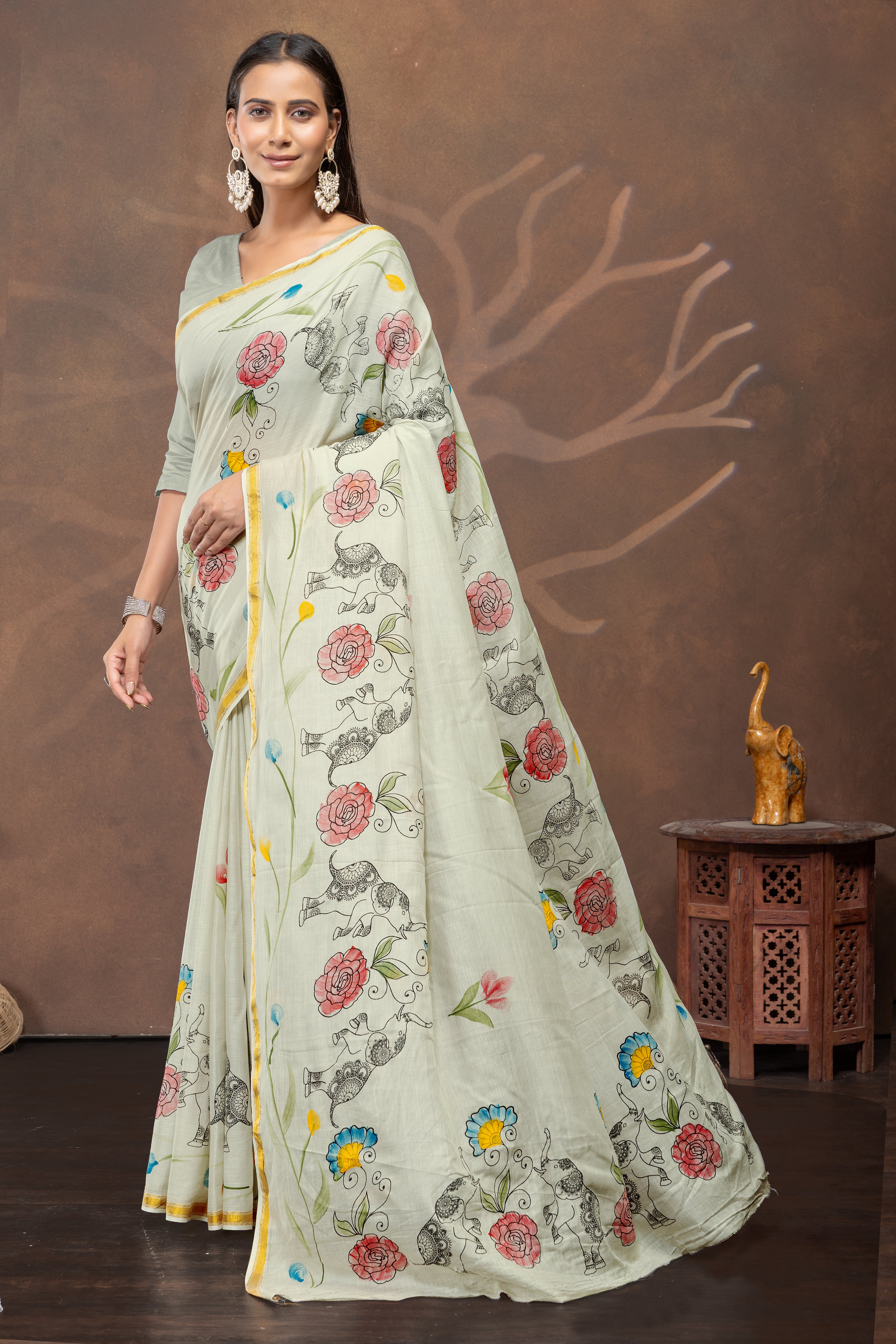 Pista Gajra Handpainted & Block Print Saree
