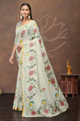 Pista Gajra Handpainted & Block Print Saree