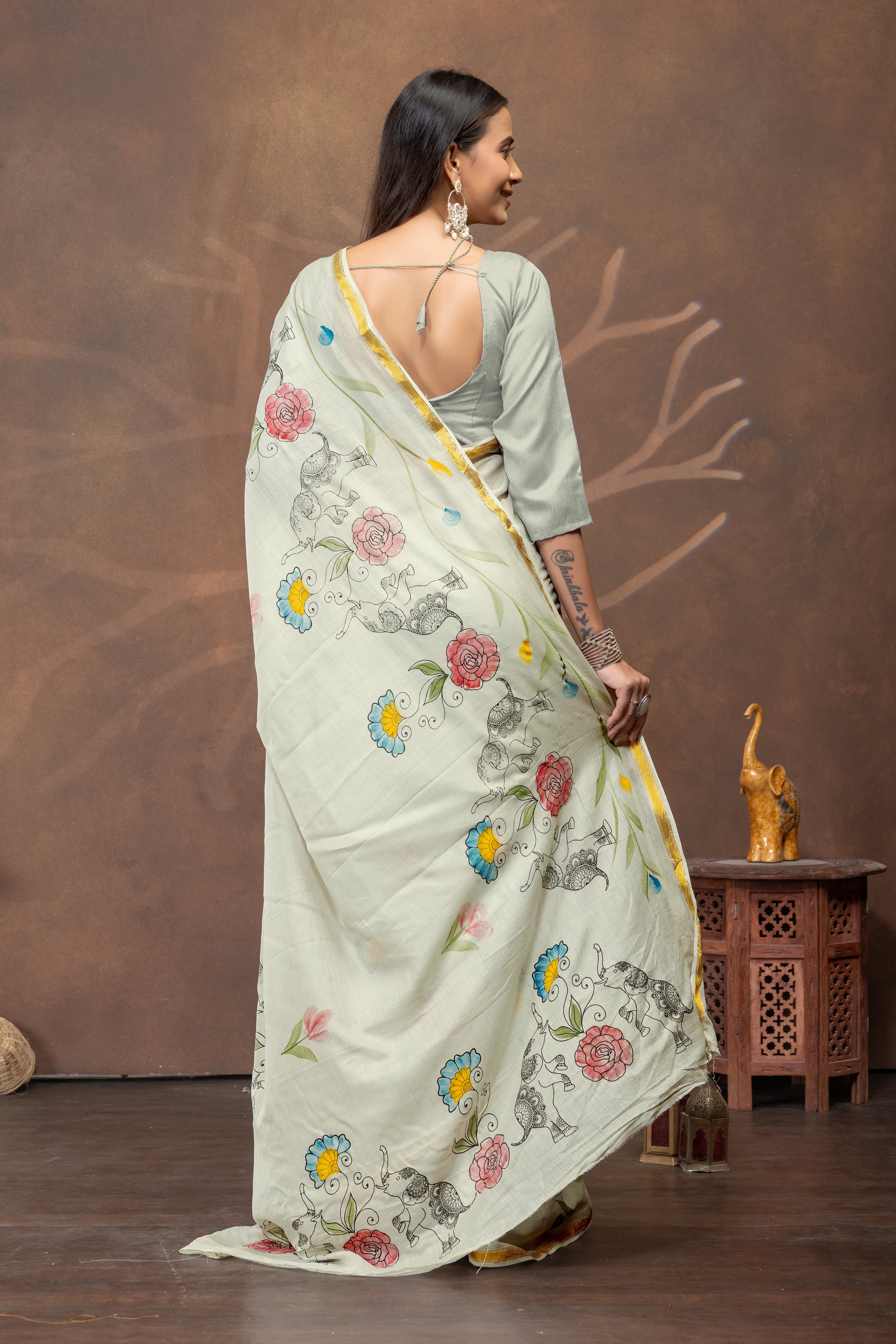 Pista Gajra Handpainted & Block Print Saree