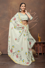 Pista Gajra Handpainted & Block Print Saree