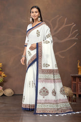 Ivory Noor Handblock Cotton Saree