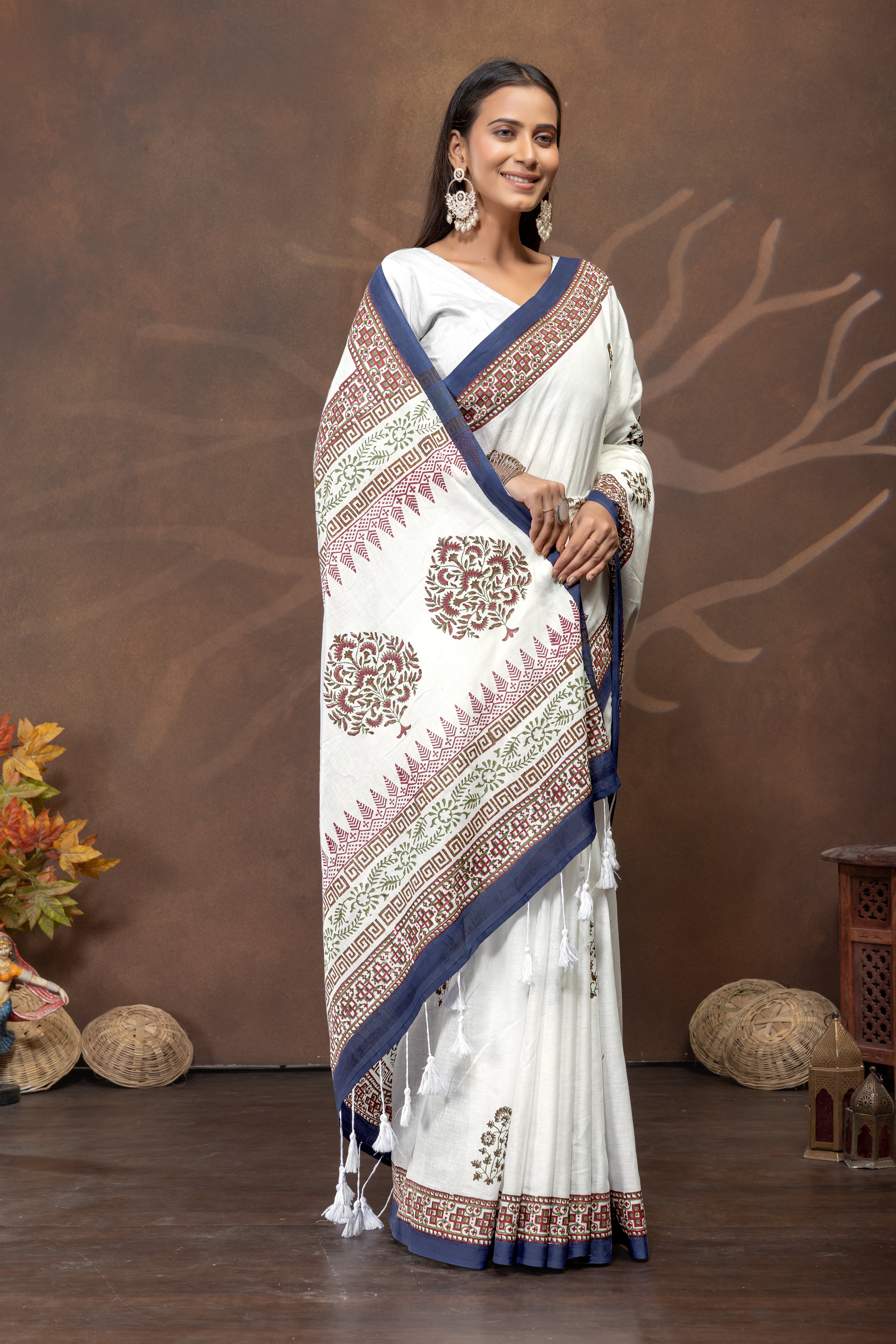 Ivory Noor Handblock Cotton Saree