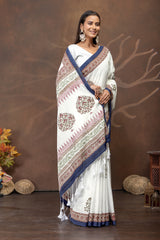 Ivory Noor Handblock Cotton Saree