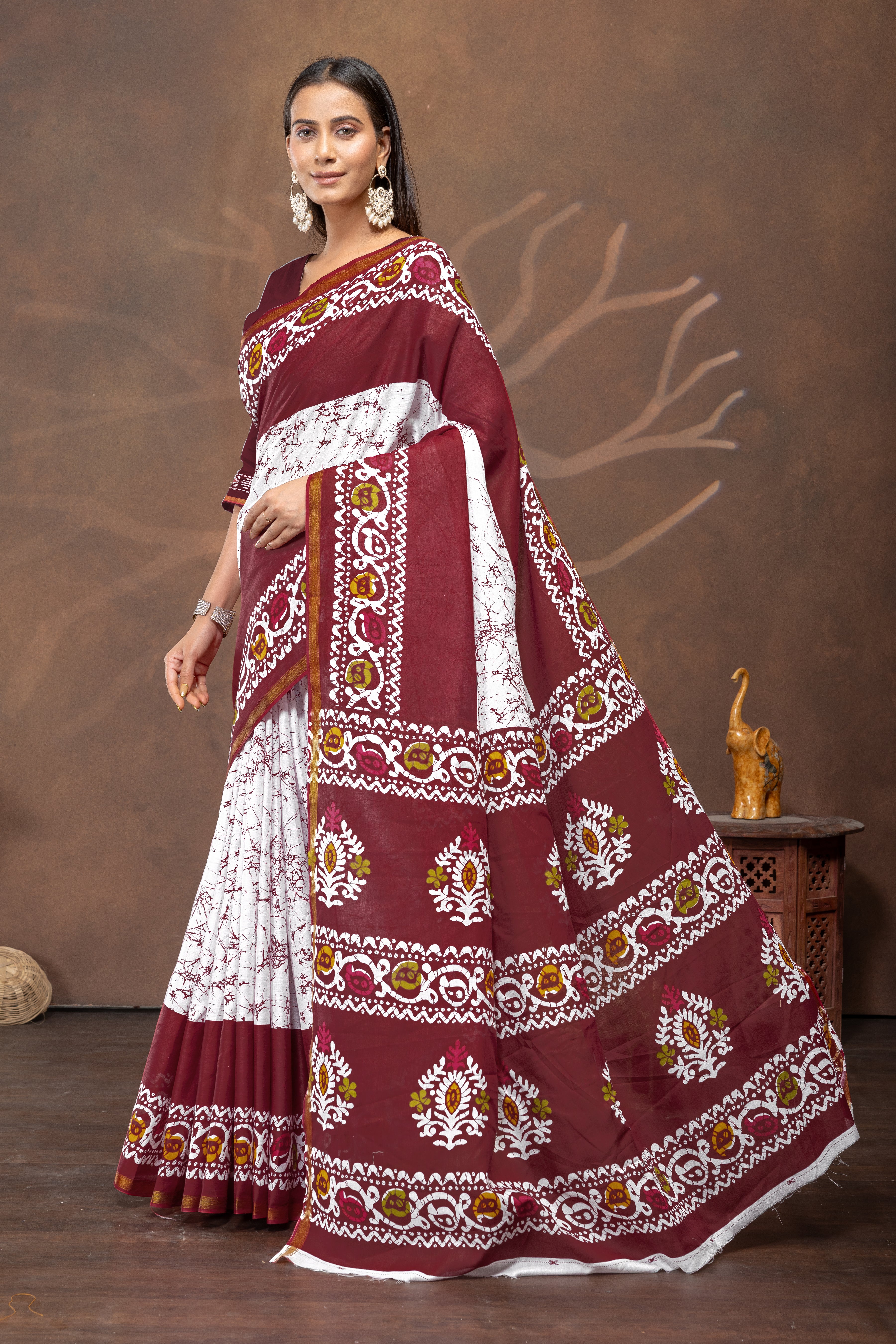 Maroon Madhavi Handblock Cotton Saree