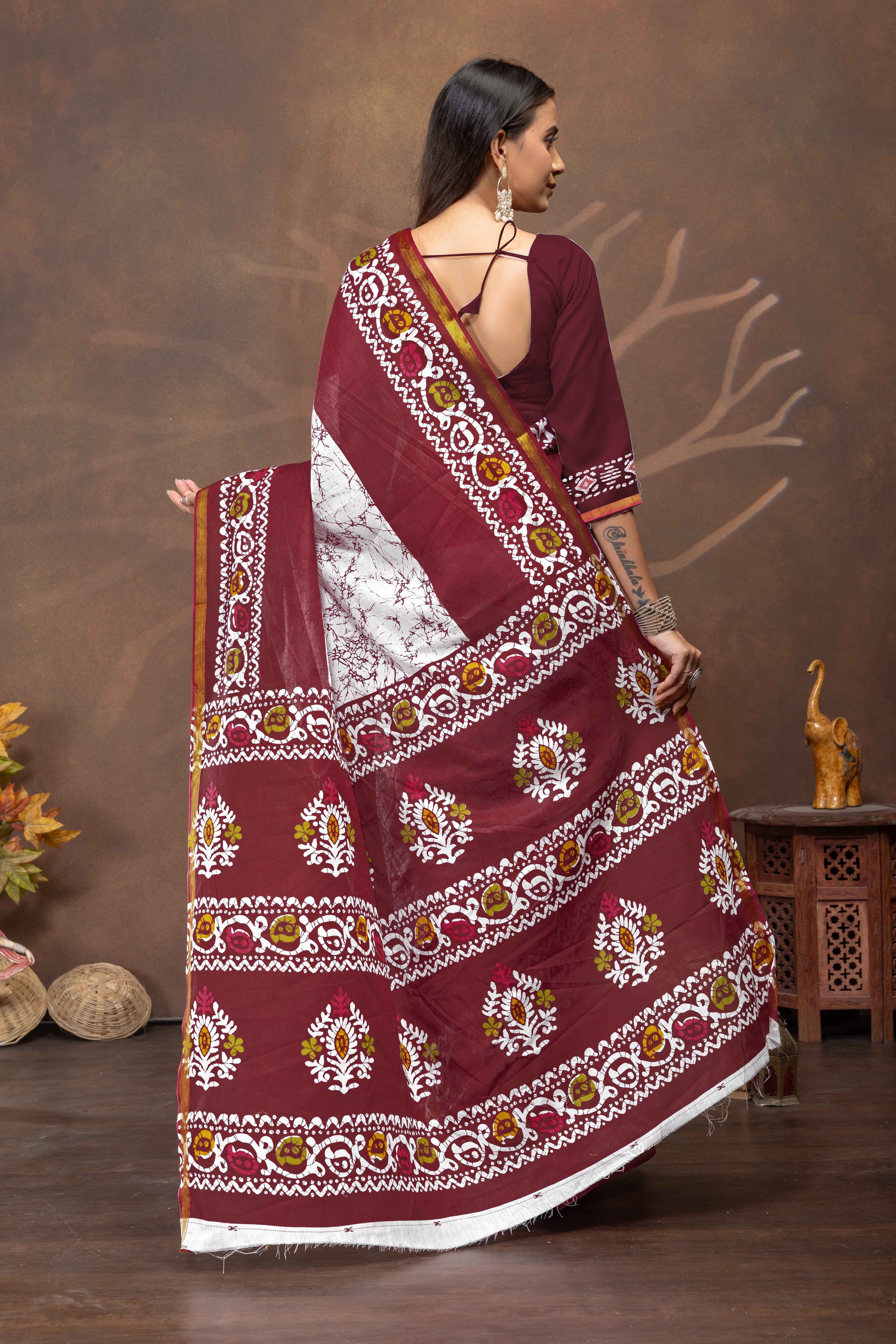 Maroon Madhavi Handblock Cotton Saree